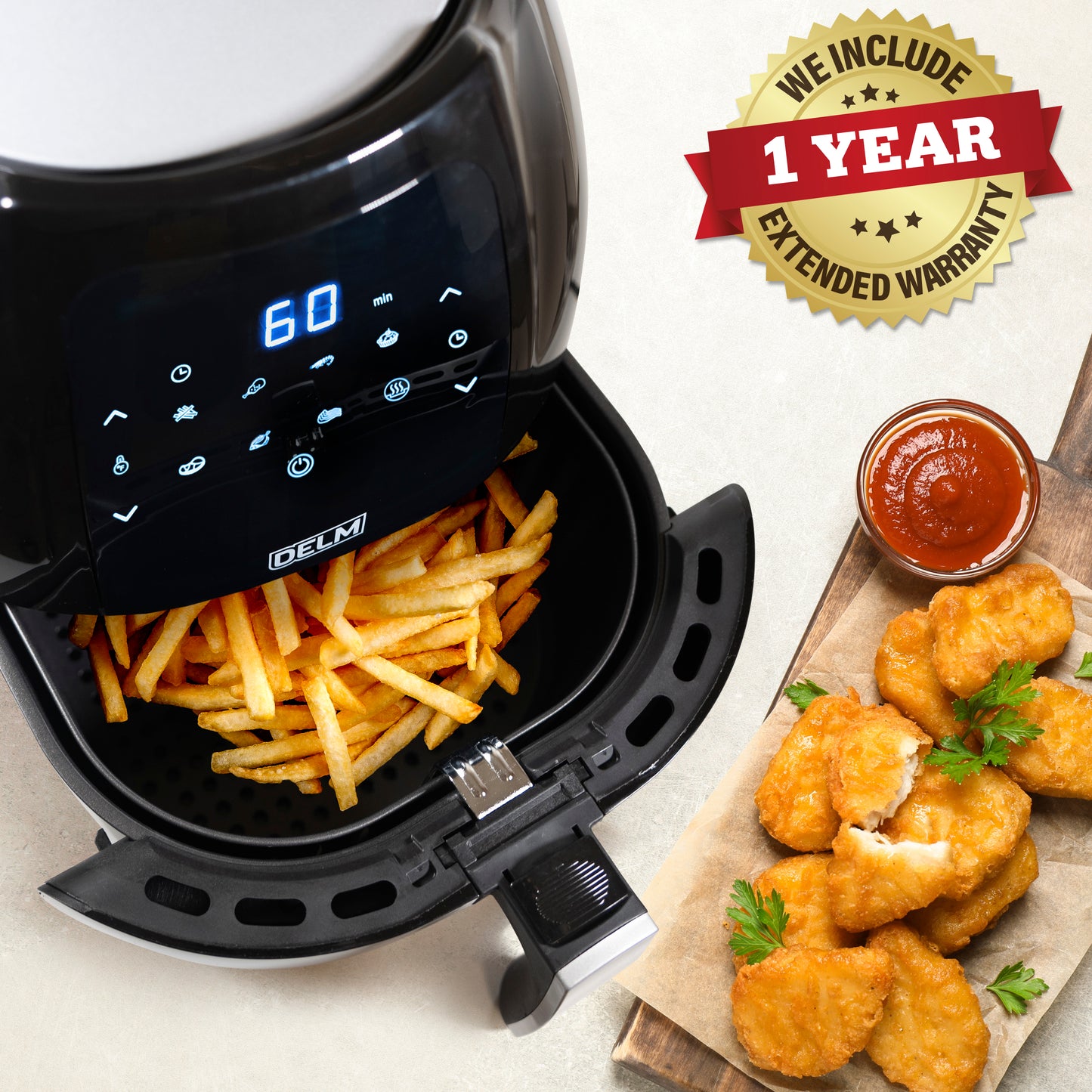 DELM Air Fryer Electric Hot Oven Oilless Cooker,Digital Screen with 8 Functions,Preheat and Shake Reminder, Nonstick Basket, 6.3 QT- recipes included!