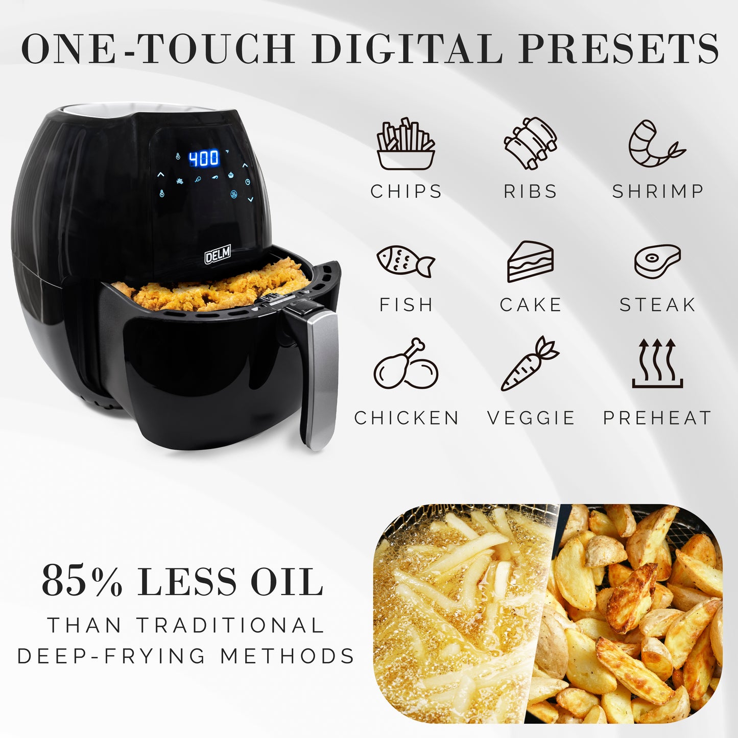 DELM Air Fryer Electric Hot Oven Oilless Cooker,Digital Screen with 8 Functions,Preheat and Shake Reminder, Nonstick Basket, 6.3 QT- recipes included!