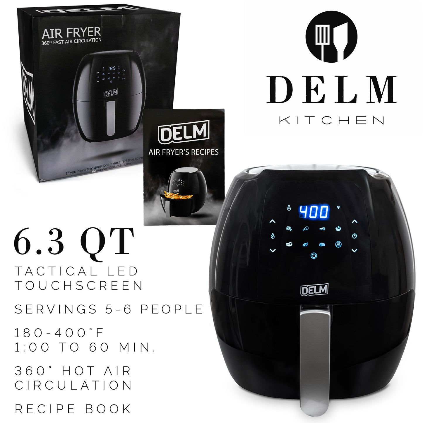 DELM Air Fryer Electric Hot Oven Oilless Cooker,Digital Screen with 8 Functions,Preheat and Shake Reminder, Nonstick Basket, 6.3 QT- recipes included!